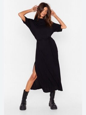 Nasty Gal Black Mock Neck Midi Dress with a black belt and slits on both sides